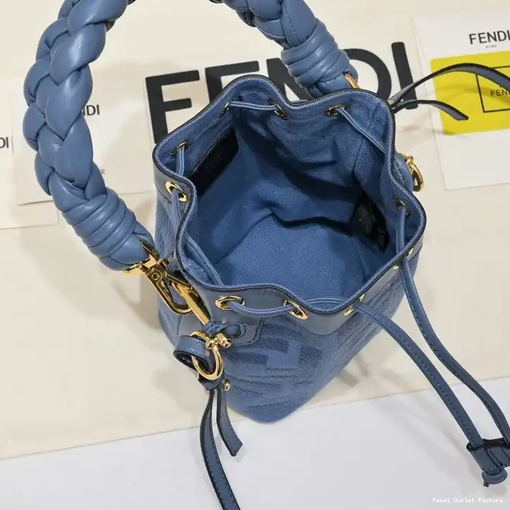 Affordable HOT Canvas FF Mon Bucket Mini Blue In Motif with Bag Fendi Tresor Handle Woven 0607